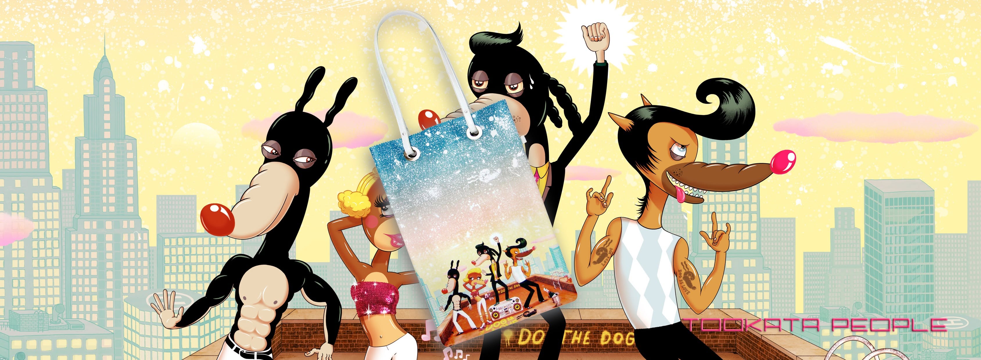 Original Tookata artwork with playful dog characters, a city skyline and an illustrated bag