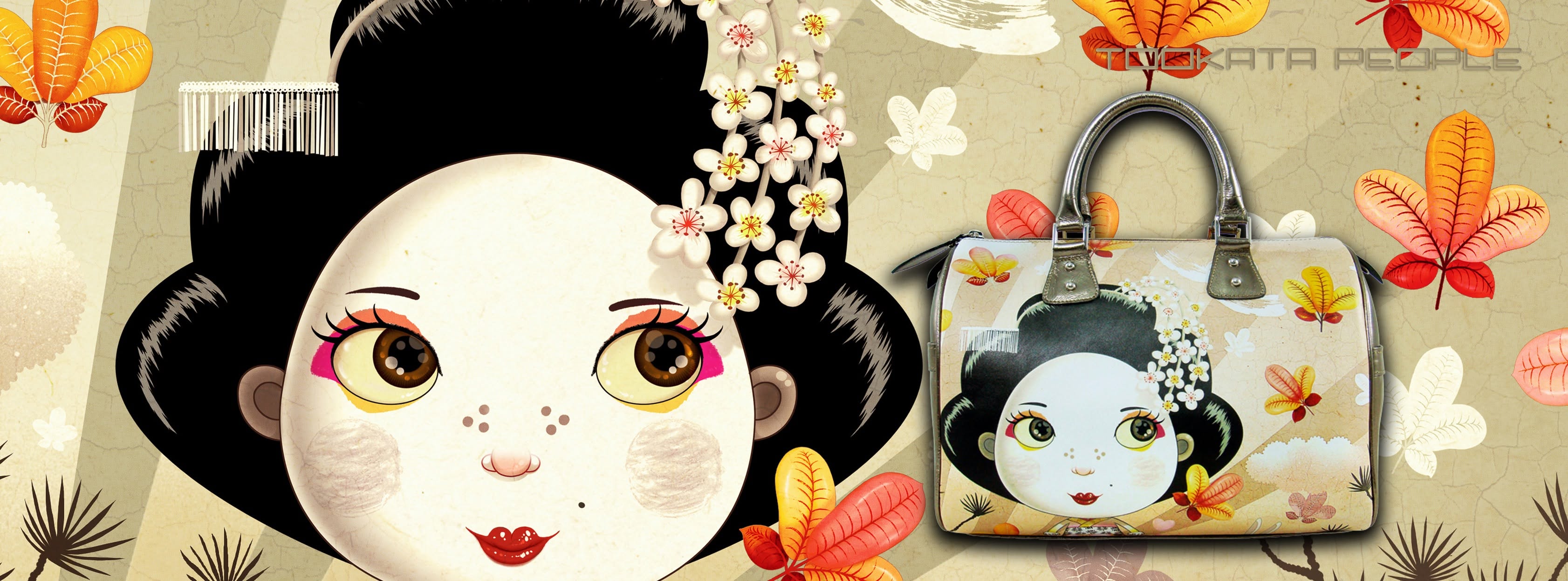 Original Tookata Geisha artwork with a character illustration, flowers, butterflies and an illustrated handbag