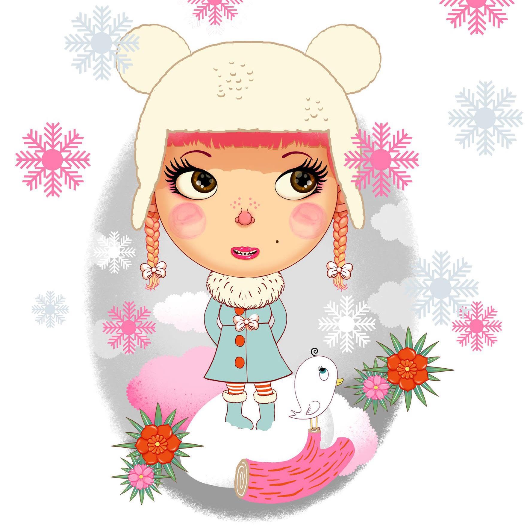 Original Tookata illustration of a winter character with a swan, flowers and snowflakes